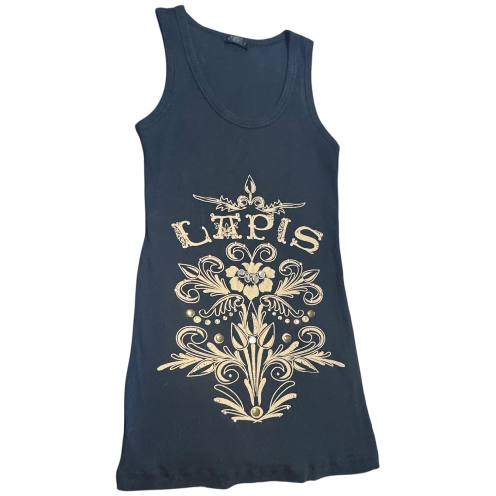 Lapis‎ Anthropologie Black Graphic Tank Top Whimsigoth Fairy 100% Cotton Y2K - Picture 2 of 10